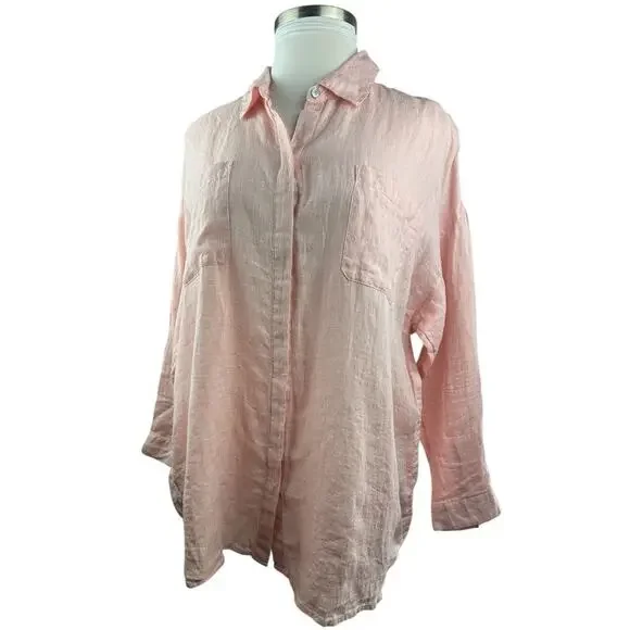 J. Jill Love Linen Button Up Tunic Top Double Pocket Pink XL Blouse Lagonlook - Picture 4 of 16